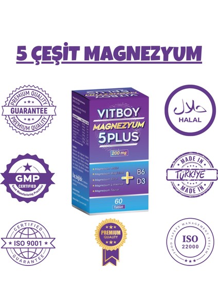 Magnezyum 5 Plus 60 Tablet 200 mg Malat-Bisglisinat-Sitrat-L-Treonat-Taurat-B6-D3