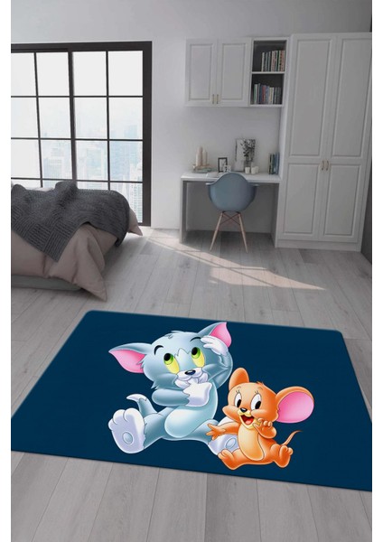 Kaymaz taban makinada yıkanabilir dijital baskı tom ve jerry desenli genç odası halısı dot taban halı gnc64