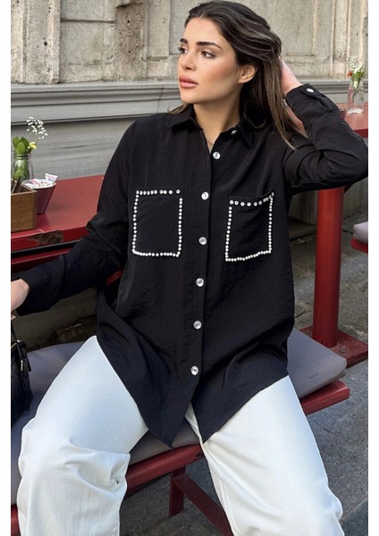 Kadın Siyah Inci Süslemeli, Çift Cep Detaylı, Arkası Pliseli, Terletmez, Kupra Kumaş, Salaş Gömlek