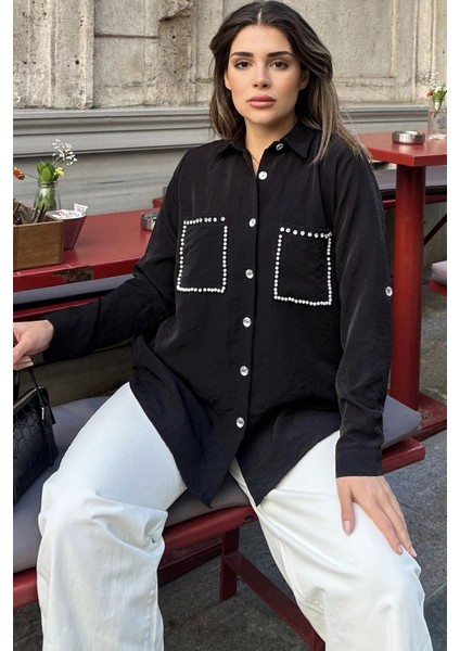 Kadın Siyah Inci Süslemeli, Çift Cep Detaylı, Arkası Pliseli, Terletmez, Kupra Kumaş, Salaş Gömlek fiyatları