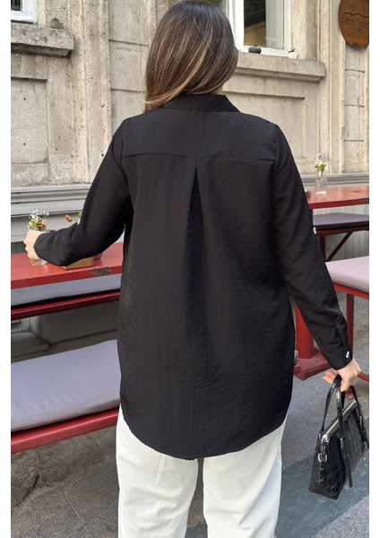 Kadın Siyah Inci Süslemeli, Çift Cep Detaylı, Arkası Pliseli, Terletmez, Kupra Kumaş, Salaş Gömlek modelleri