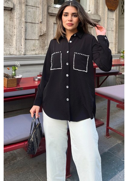 Kadın Siyah Inci Süslemeli, Çift Cep Detaylı, Arkası Pliseli, Terletmez, Kupra Kumaş, Salaş Gömlek fırsatları