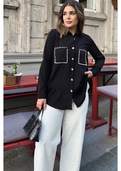 Kadın Siyah Inci Süslemeli, Çift Cep Detaylı, Arkası Pliseli, Terletmez, Kupra Kumaş, Salaş Gömlek indirimleri