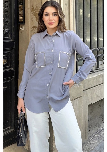 Kadın Gri Inci Süslemeli, Çift Cep Detaylı, Arkası Pliseli, Terletmez, Kupra Kumaş, Salaş Gömlek