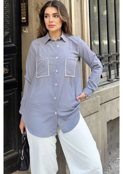 Kadın Gri Inci Süslemeli, Çift Cep Detaylı, Arkası Pliseli, Terletmez, Kupra Kumaş, Salaş Gömlek fiyatları