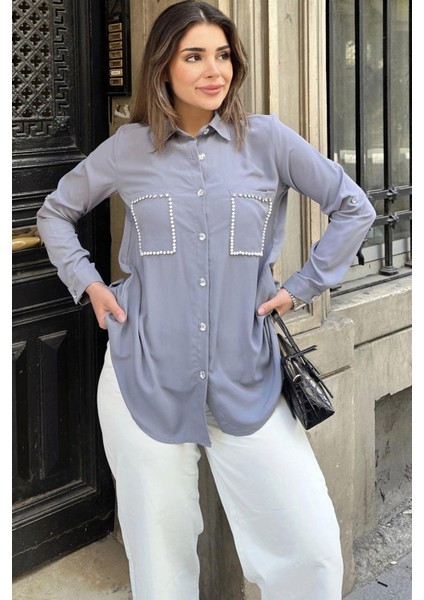 Kadın Gri Inci Süslemeli, Çift Cep Detaylı, Arkası Pliseli, Terletmez, Kupra Kumaş, Salaş Gömlek modelleri