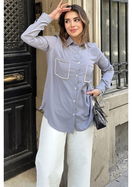 Kadın Gri Inci Süslemeli, Çift Cep Detaylı, Arkası Pliseli, Terletmez, Kupra Kumaş, Salaş Gömlek fırsatları