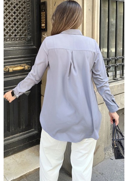 Kadın Gri Inci Süslemeli, Çift Cep Detaylı, Arkası Pliseli, Terletmez, Kupra Kumaş, Salaş Gömlek indirimleri