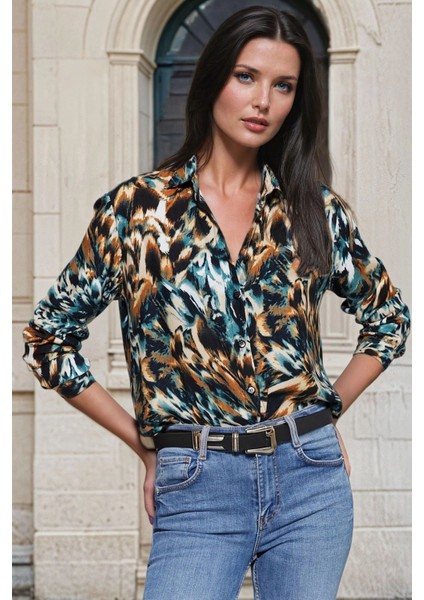 Multi Renkli, Soyut Desenli, Klasik Kesim, Uzun Kollu Gömlek