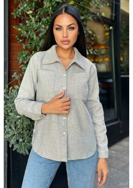 Gri Uzun Kol, Çift Cepli, Eteği Oval Kesim, Kaşe Gömlek Ceket