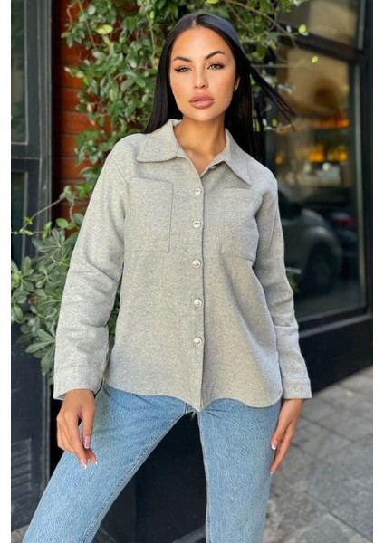 Gri Uzun Kol, Çift Cepli, Eteği Oval Kesim, Kaşe Gömlek Ceket modelleri