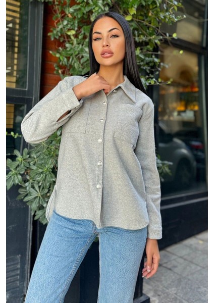 Gri Uzun Kol, Çift Cepli, Eteği Oval Kesim, Kaşe Gömlek Ceket fırsatları
