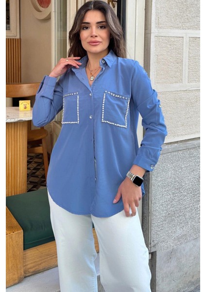 Kadın Mavi Inci Süslemeli, Çift Cep Detaylı, Arkası Pliseli, Terletmez, Kupra Kumaş, Salaş Gömlek