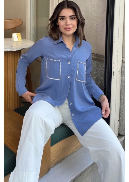 Kadın Mavi Inci Süslemeli, Çift Cep Detaylı, Arkası Pliseli, Terletmez, Kupra Kumaş, Salaş Gömlek fiyatları