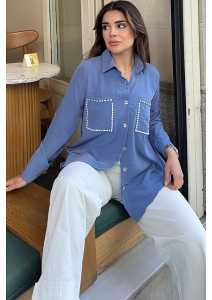 Kadın Mavi Inci Süslemeli, Çift Cep Detaylı, Arkası Pliseli, Terletmez, Kupra Kumaş, Salaş Gömlek modelleri