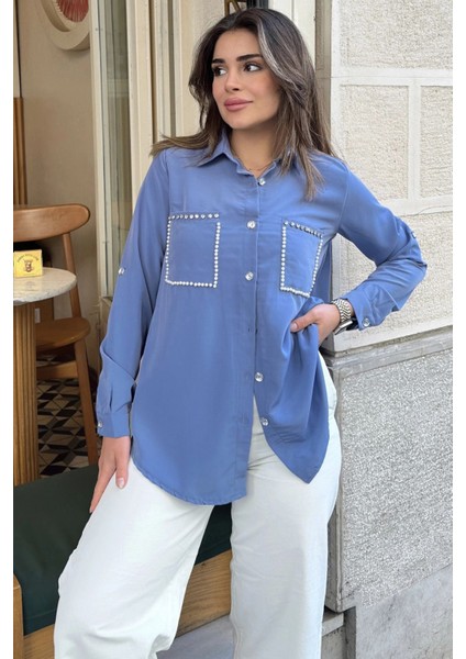 Kadın Mavi Inci Süslemeli, Çift Cep Detaylı, Arkası Pliseli, Terletmez, Kupra Kumaş, Salaş Gömlek fırsatları