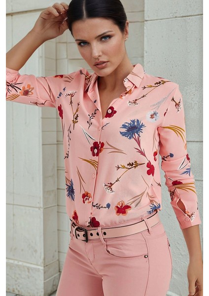 Pudra Çiçek Desenli, Klasik Kesim, Uzun Kollu Gömlek