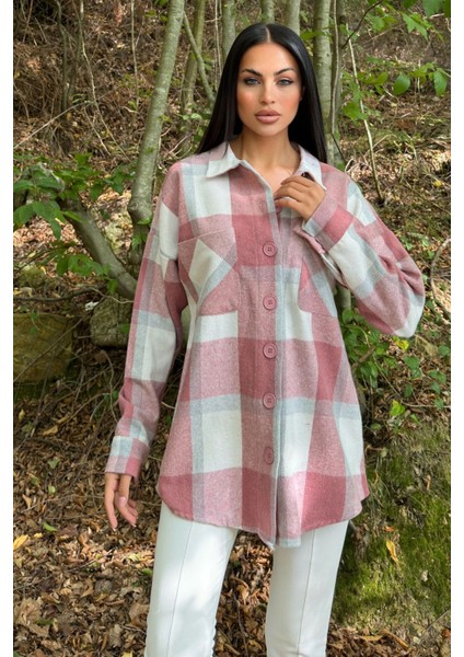 Gül Kurusu Çift Cepli, Ekose Desenli, Rahat Kalıp, Salaş Kaşe Gömlek