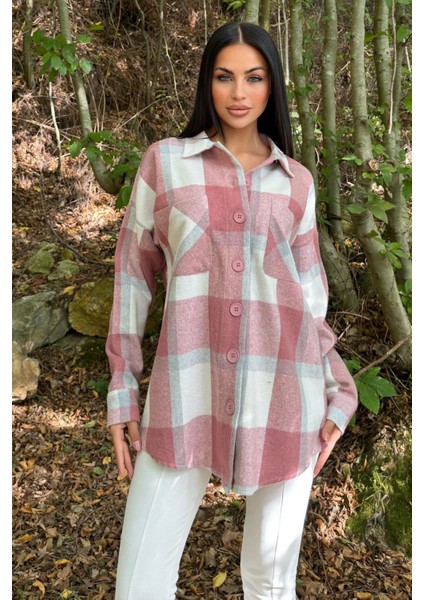 Gül Kurusu Çift Cepli, Ekose Desenli, Rahat Kalıp, Salaş Kaşe Gömlek modelleri