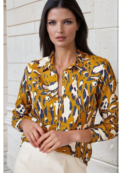 Hardal Geometrik Desenli, Klasik Kesim Uzun Kollu Gömlek