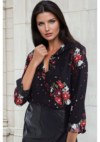 Siyah Çiçek Desenli, Uzun Kollu, Klasik Kesim, Gömlek