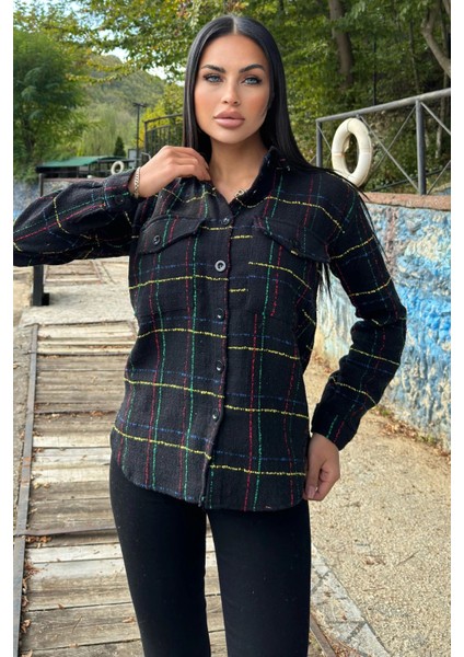 Siyah & Renkli Ekose Tüvit Kumaş, Çift Cepli, Uzun Salaş Gömlek Ceket