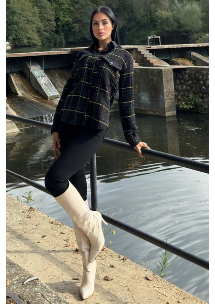 Siyah & Renkli Ekose Tüvit Kumaş, Çift Cepli, Uzun Salaş Gömlek Ceket fiyatları