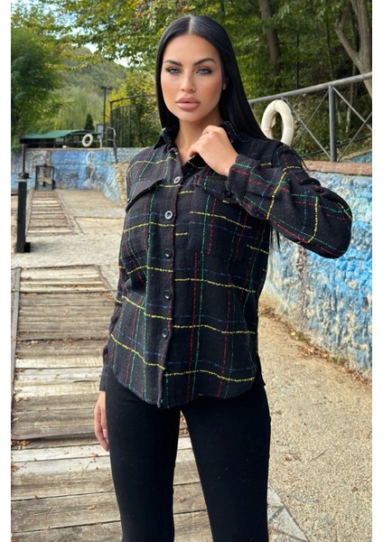 Siyah & Renkli Ekose Tüvit Kumaş, Çift Cepli, Uzun Salaş Gömlek Ceket modelleri