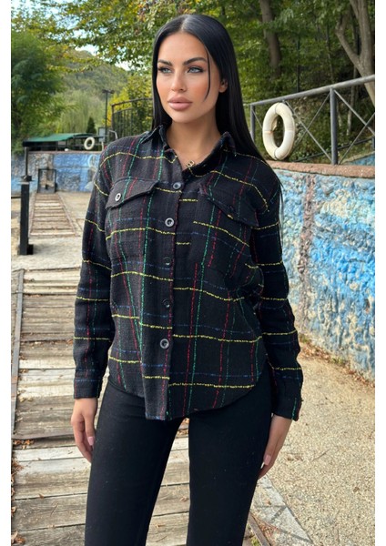 Siyah & Renkli Ekose Tüvit Kumaş, Çift Cepli, Uzun Salaş Gömlek Ceket fırsatları