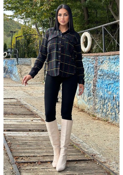 Siyah & Renkli Ekose Tüvit Kumaş, Çift Cepli, Uzun Salaş Gömlek Ceket indirimleri