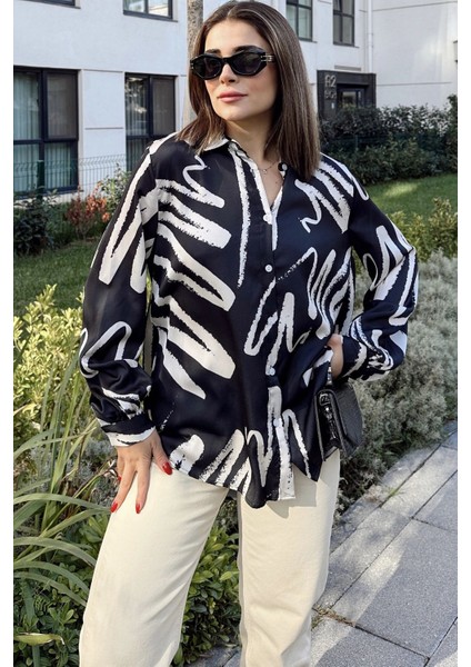 Kadın Siyah Uzun Balon Kol, Saten Kumaş, Arkası Pliseli, Salaş Dökümlü Gömlek