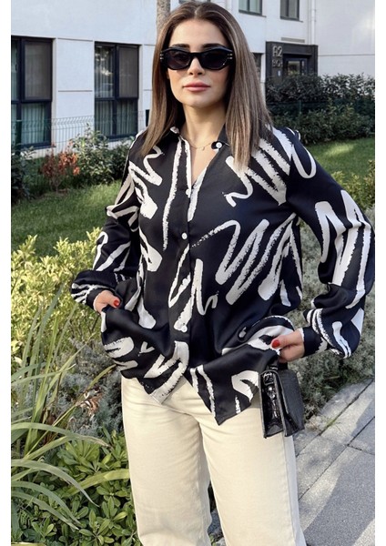 Kadın Siyah Uzun Balon Kol, Saten Kumaş, Arkası Pliseli, Salaş Dökümlü Gömlek fiyatları