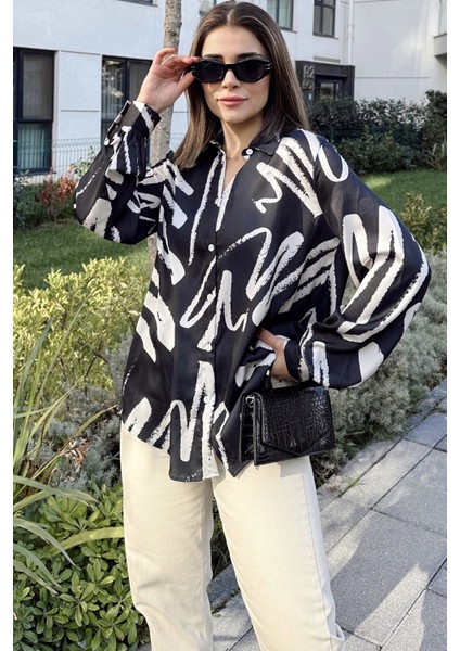 Kadın Siyah Uzun Balon Kol, Saten Kumaş, Arkası Pliseli, Salaş Dökümlü Gömlek modelleri