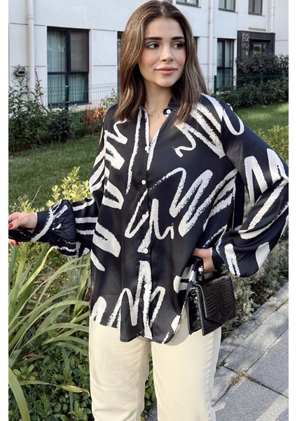 Kadın Siyah Uzun Balon Kol, Saten Kumaş, Arkası Pliseli, Salaş Dökümlü Gömlek fırsatları