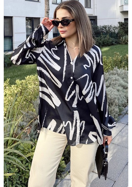 Kadın Siyah Uzun Balon Kol, Saten Kumaş, Arkası Pliseli, Salaş Dökümlü Gömlek indirimleri