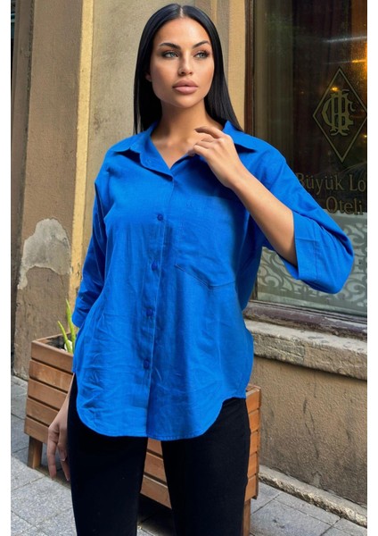 Saks Truvakar Kol, Oval Kesim, Terletmez, Flamlı Keten Salaş Gömlek