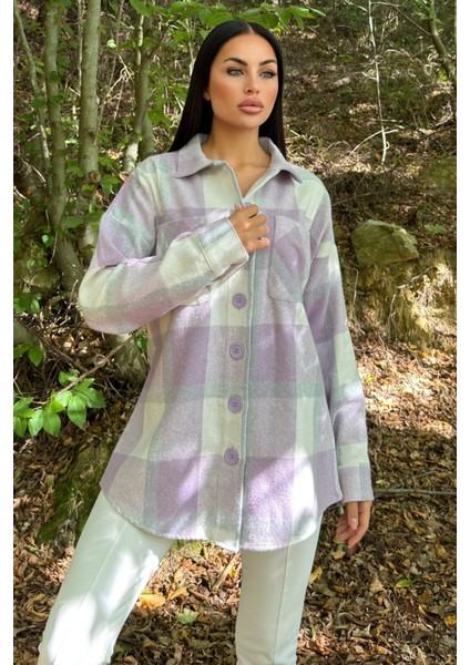 Lila Çift Cepli, Ekose Desenli, Rahat Kalıp, Salaş Kaşe Gömlek fiyatları