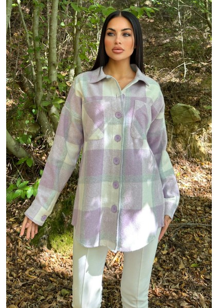 Lila Çift Cepli, Ekose Desenli, Rahat Kalıp, Salaş Kaşe Gömlek modelleri