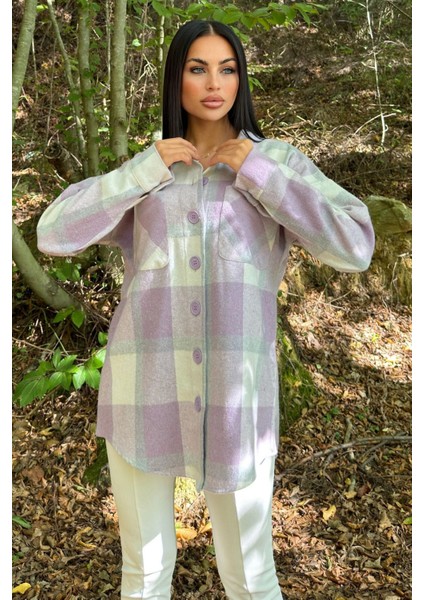 Lila Çift Cepli, Ekose Desenli, Rahat Kalıp, Salaş Kaşe Gömlek fırsatları