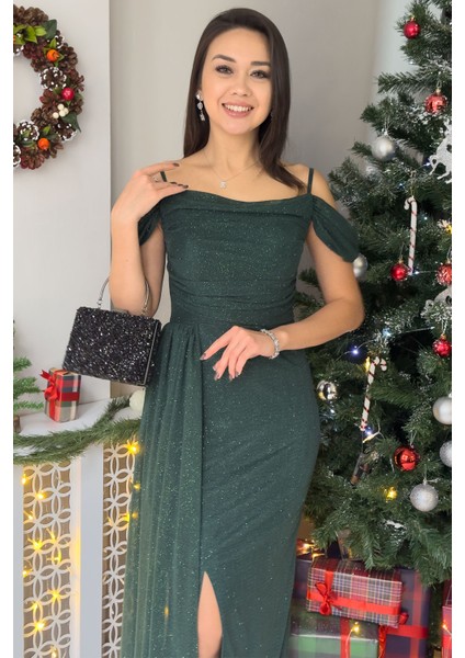 Zks Grup Tekstil-Kadın Askılı Düşük Omuz Yırtmaç Detay Abiye Elbise Lila, Lacivert, Siyah,zümrüt Yeşili, Mor, Gül Kurusu, Gold fiyatları