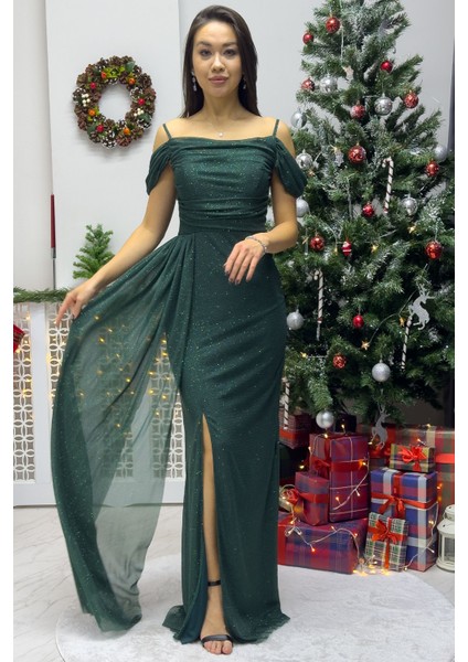 Zks Grup Tekstil-Kadın Askılı Düşük Omuz Yırtmaç Detay Abiye Elbise Lila, Lacivert, Siyah,zümrüt Yeşili, Mor, Gül Kurusu, Gold modelleri