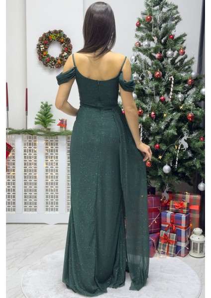 Zks Grup Tekstil-Kadın Askılı Düşük Omuz Yırtmaç Detay Abiye Elbise Lila, Lacivert, Siyah,zümrüt Yeşili, Mor, Gül Kurusu, Gold indirimleri