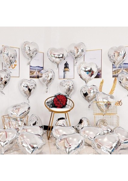 Metalize Parlak Gümüş Kalp Şekilli Uçan Balon Folyo 18 Inç 45 cm 10 Adet fiyatları