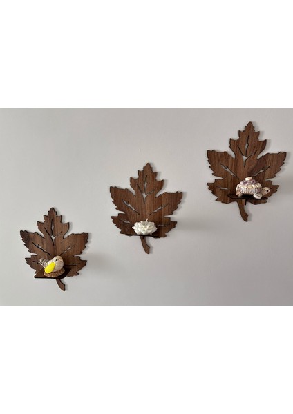 3’lü Ahşap Duvar Süsü Rafı - Yaprak Mumluk ve Dekoratif Aplik Seti