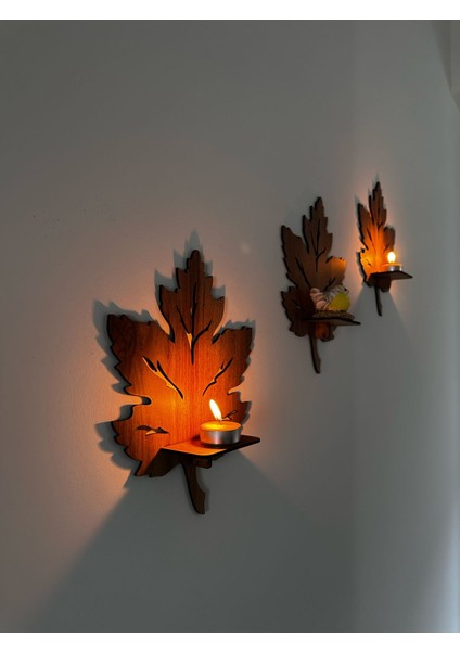 3’lü Ahşap Duvar Süsü Rafı - Yaprak Mumluk ve Dekoratif Aplik Seti fırsatları
