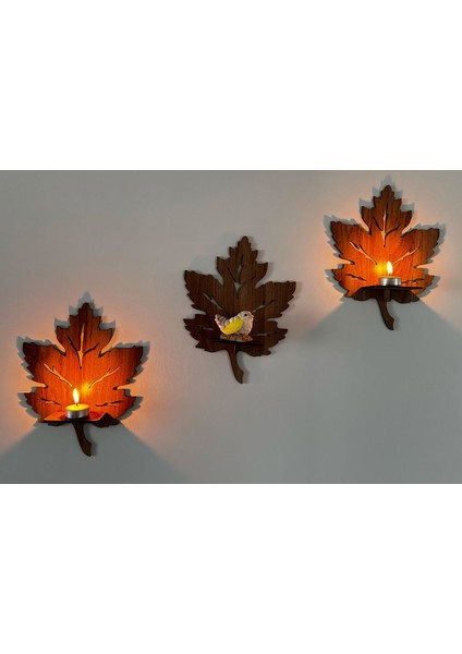 3’lü Ahşap Duvar Süsü Rafı - Yaprak Mumluk ve Dekoratif Aplik Seti indirimleri