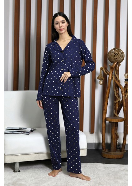 Desenli Düğmeli Uzun Kol Süprem Kadın Ikili Pijama Takımı VG124