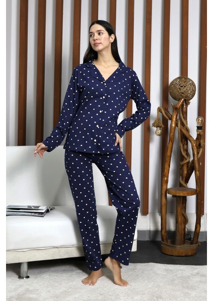 Desenli Düğmeli Uzun Kol Süprem Kadın Ikili Pijama Takımı VG124