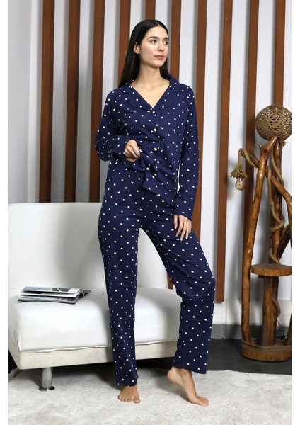 Desenli Düğmeli Uzun Kol Süprem Kadın Ikili Pijama Takımı VG124