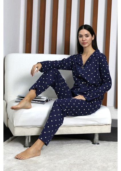 Desenli Düğmeli Uzun Kol Süprem Kadın Ikili Pijama Takımı VG124